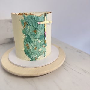 Elegant Textured Teal & Gold Cross Christening Cake