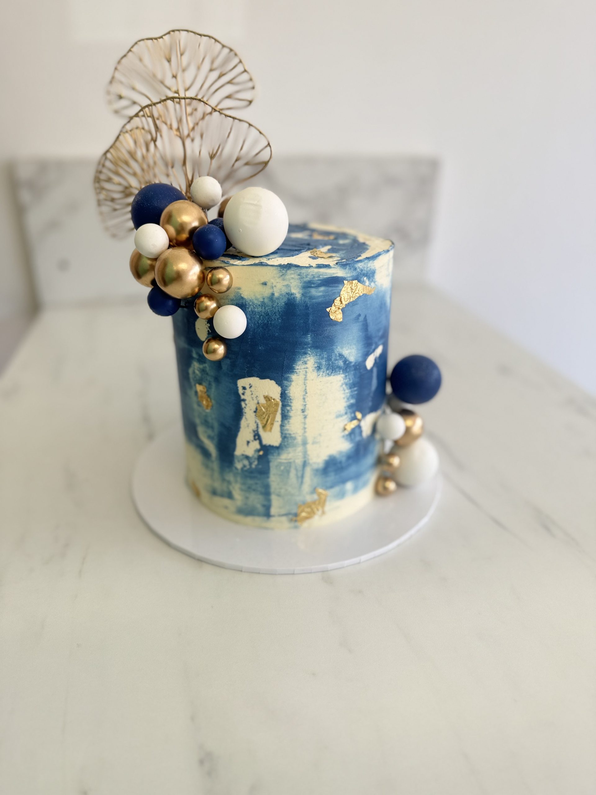 Abstract Blue & Gold Modern Birthday Cake - Image 2