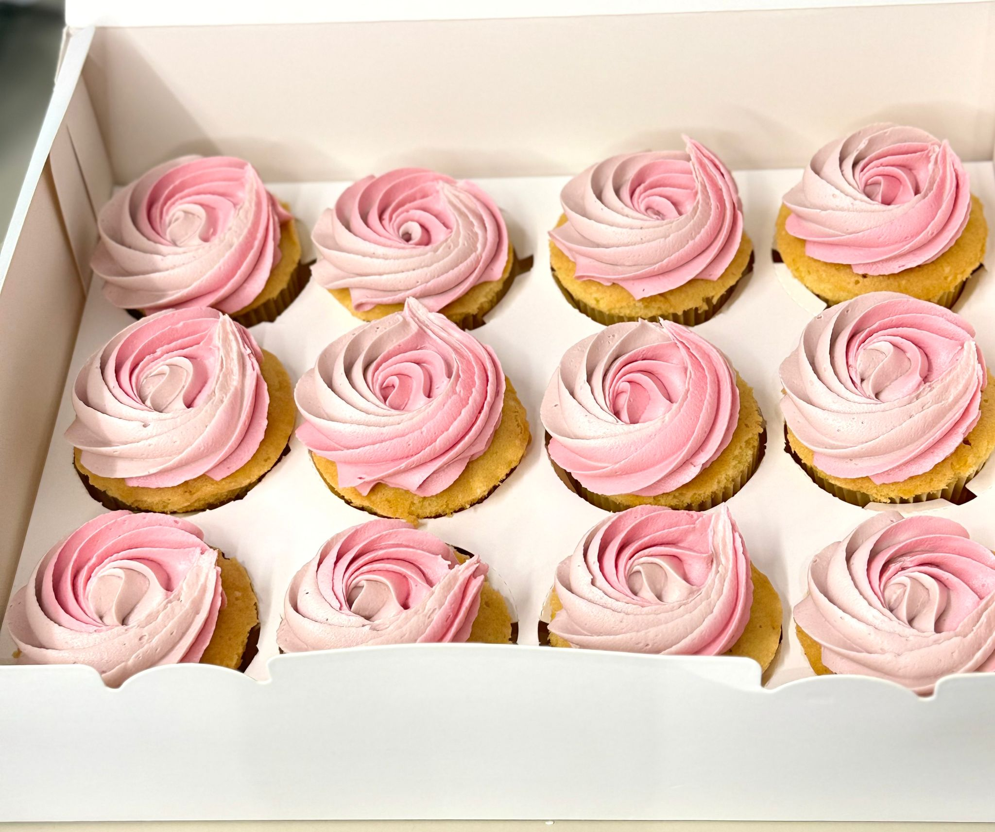 Box of Pink Buttercream Cupcakes