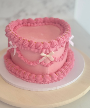 Vintage Triple Ruffle Pink Heart Cake with Gold Pearls - Image 2