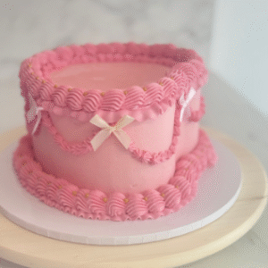Vintage Triple Ruffle Pink Heart Cake with Gold Pearls