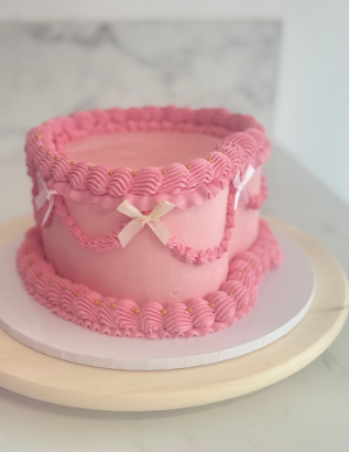 Vintage Triple Ruffle Pink Heart Cake with Gold Pearls